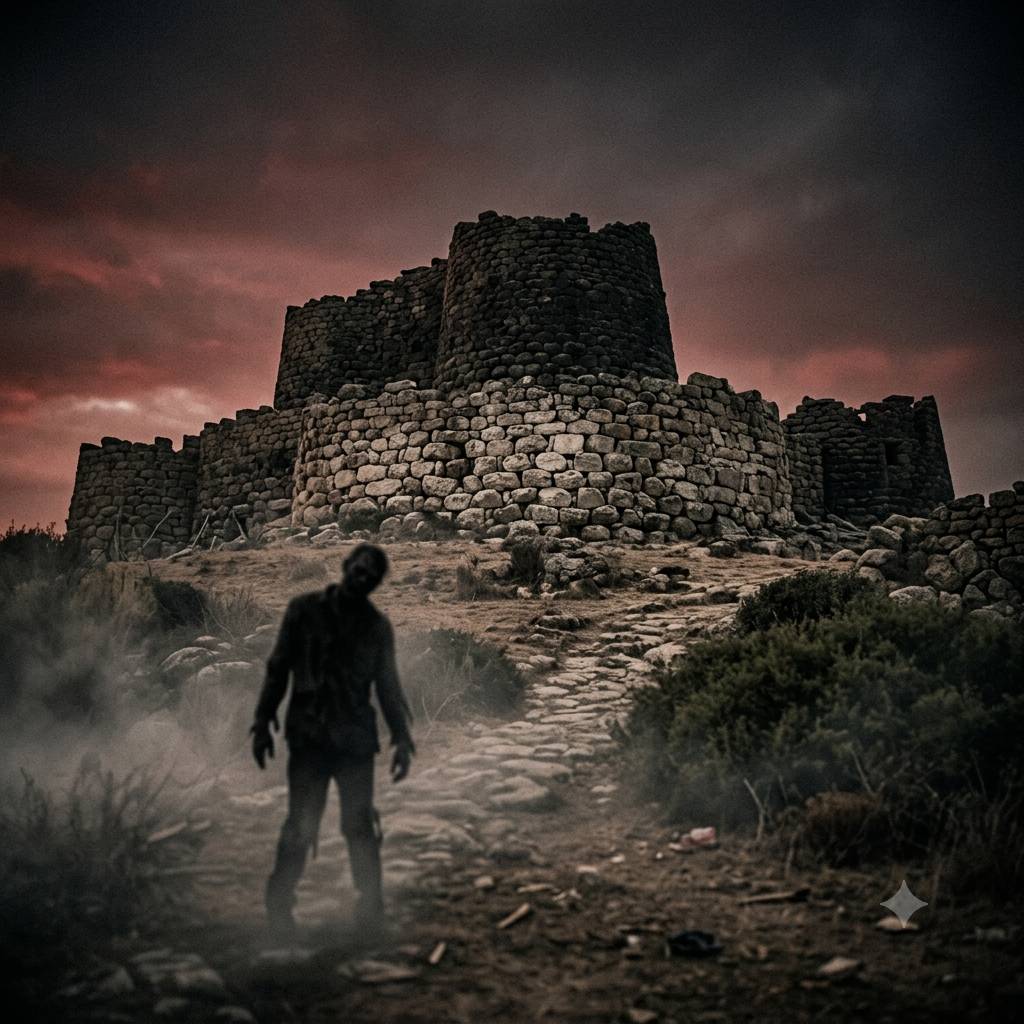 Dettaglio: nuraghe e minaccia all'orizzonte