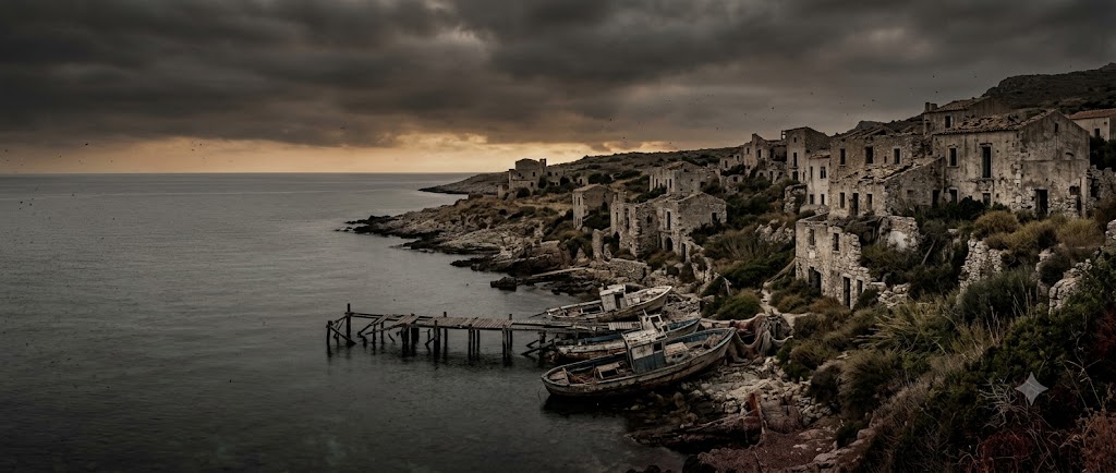 Sardegna post-apocalisse — le rovine di una città costiera al tramonto